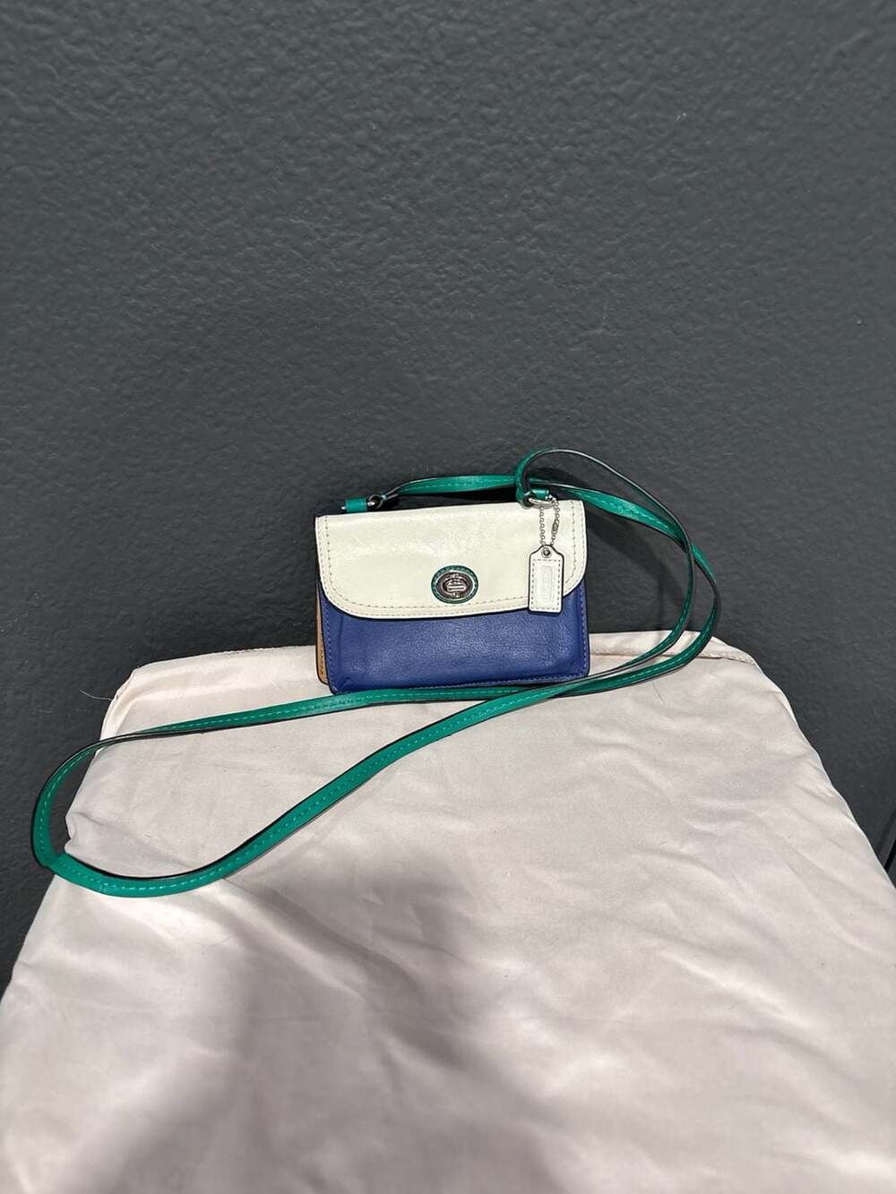 Coach Colorblock Leather Turnlock Crossbody Wallet Blue White Green